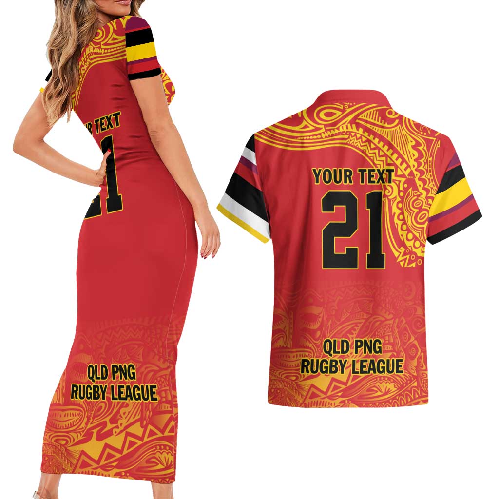 Queensland Papua New Guinea Custom Couples Matching Short Sleeve Bodycon Dress and Hawaiian Shirt All Red Pacific PNG Tribal Style