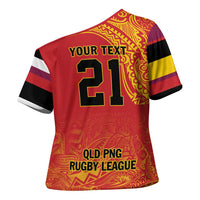 Queensland Papua New Guinea Custom Cross Shoulder Shirt All Red Pacific PNG Tribal Style - Polynesian Pride