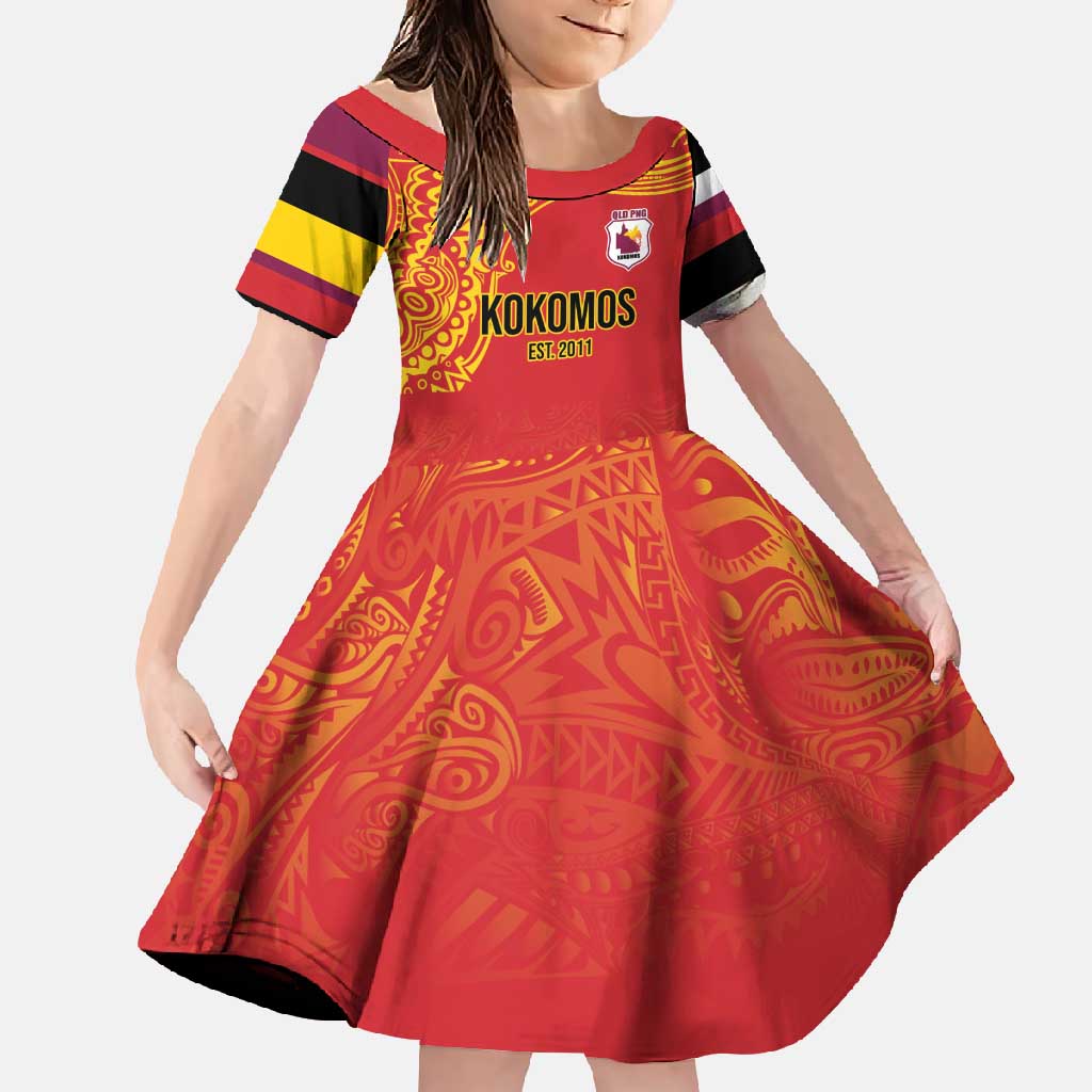 Queensland Papua New Guinea Custom Family Matching Long Sleeve Bodycon Dress and Hawaiian Shirt All Red Pacific PNG Tribal Style