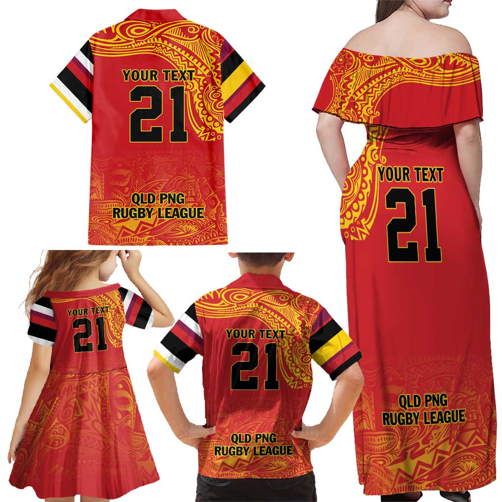 Queensland Papua New Guinea Custom Family Matching Off Shoulder Maxi Dress and Hawaiian Shirt All Red Pacific PNG Tribal Style LT9 - Polynesian Pride