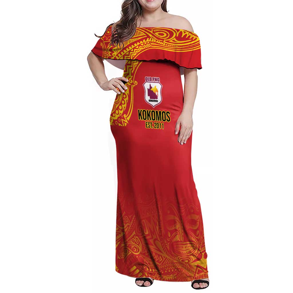 Queensland Papua New Guinea Custom Family Matching Off Shoulder Maxi Dress and Hawaiian Shirt All Red Pacific PNG Tribal Style LT9 Mom's Dress Red - Polynesian Pride