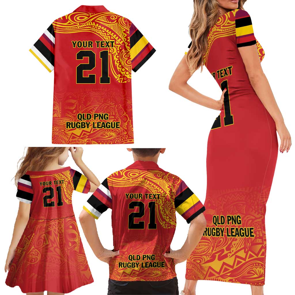 Queensland Papua New Guinea Custom Family Matching Short Sleeve Bodycon Dress and Hawaiian Shirt All Red Pacific PNG Tribal Style