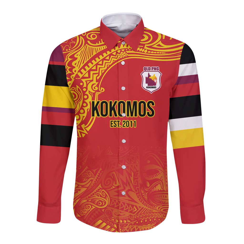 Queensland Papua New Guinea Custom Long Sleeve Button Shirt All Red Pacific PNG Tribal Style
