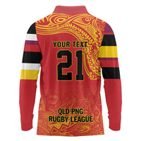 Queensland Papua New Guinea Custom Long Sleeve Polo Shirt All Red Pacific PNG Tribal Style
