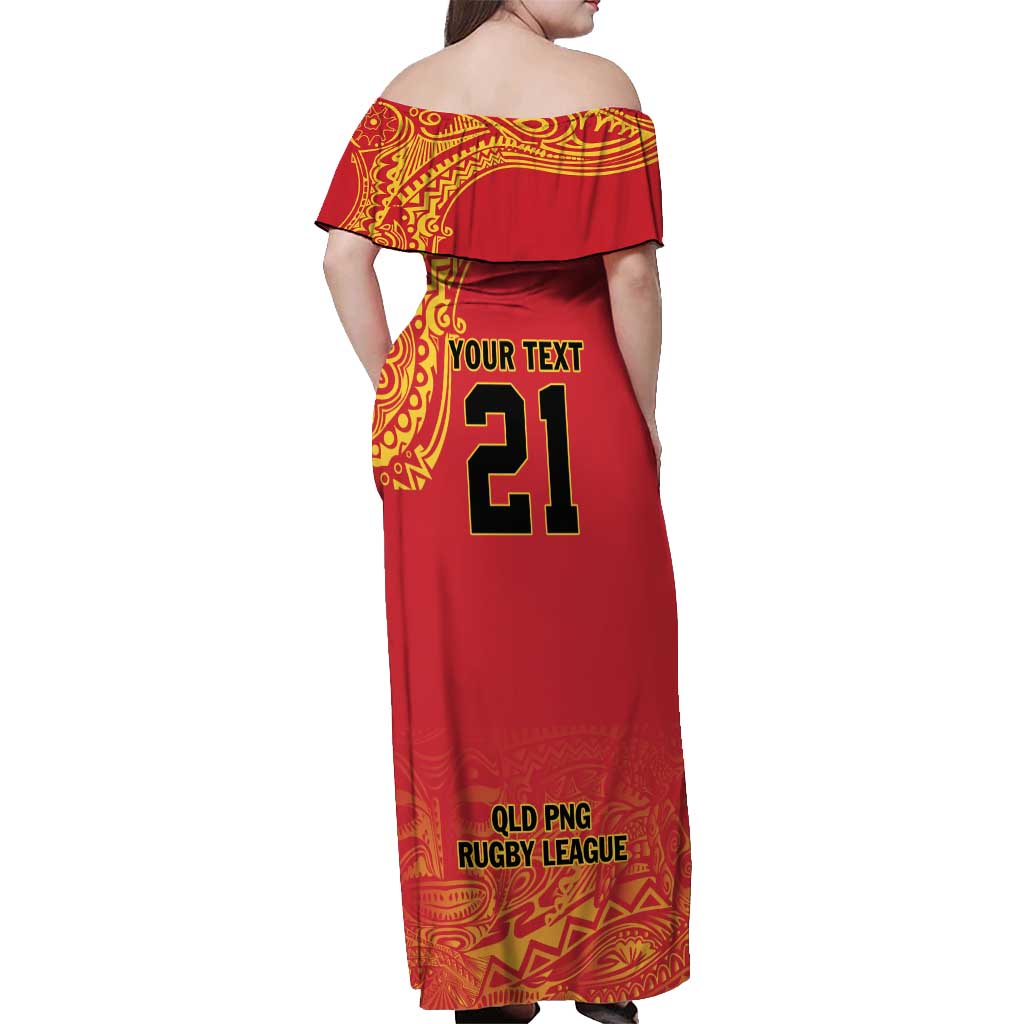 Queensland Papua New Guinea Custom Off Shoulder Maxi Dress All Red Pacific PNG Tribal Style