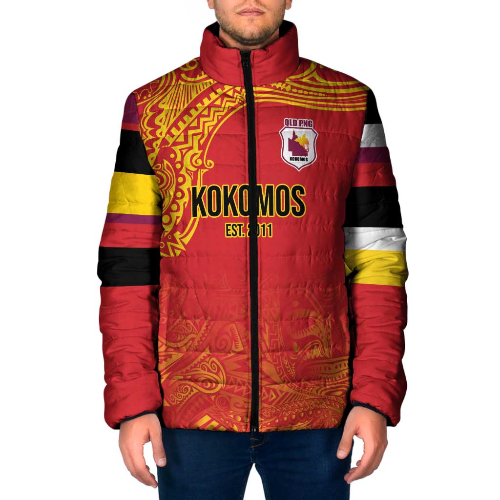 Queensland Papua New Guinea Custom Padded Jacket All Red Pacific PNG Tribal Style - Polynesian Pride