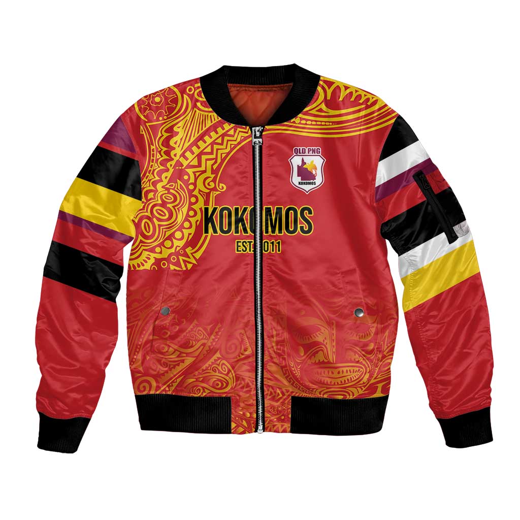 Queensland Papua New Guinea Custom Sleeve Zip Bomber Jacket All Red Pacific PNG Tribal Style