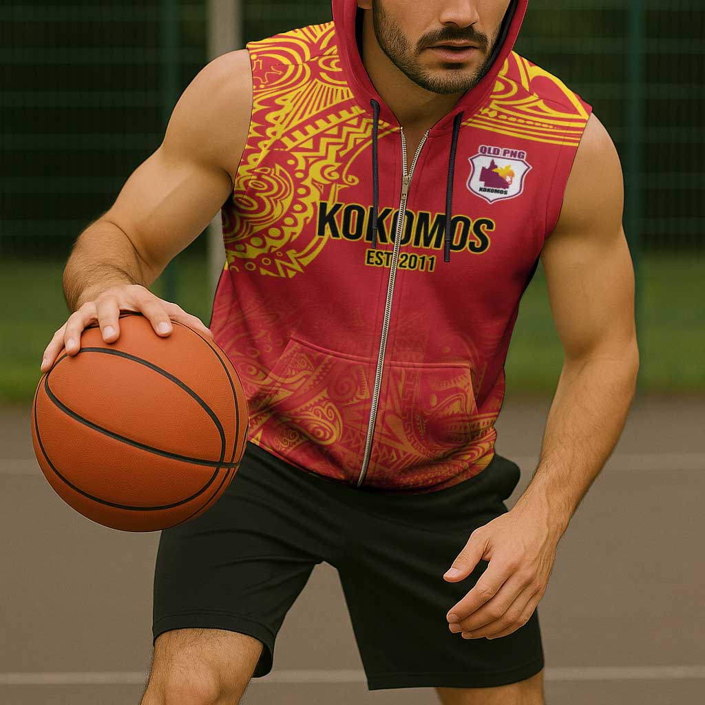 Queensland Papua New Guinea Custom Sleeveless Zip Hoodie All Red Pacific PNG Tribal Style - Polynesian Pride