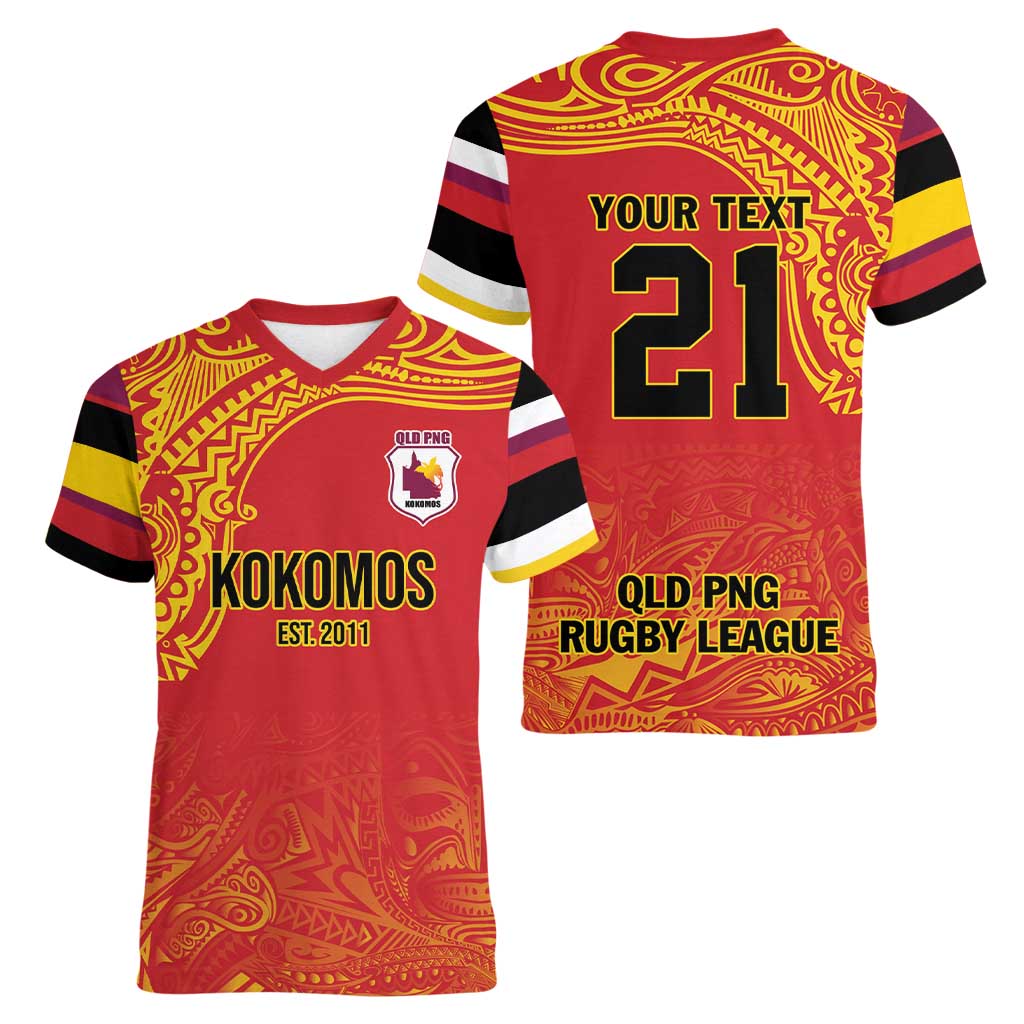 Queensland Papua New Guinea Custom Women V-Neck T-Shirt All Red Pacific PNG Tribal Style