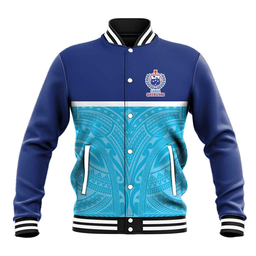 Queensland Samoa Custom Baseball Jacket Blue Pacific Polynesian Tribal Pattern