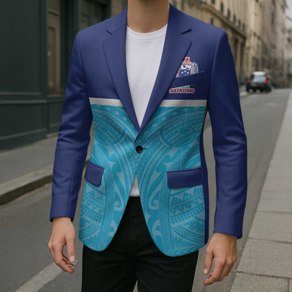Queensland Samoa Custom Blazer Blue Pacific Polynesian Tribal Pattern - Polynesian Pride
