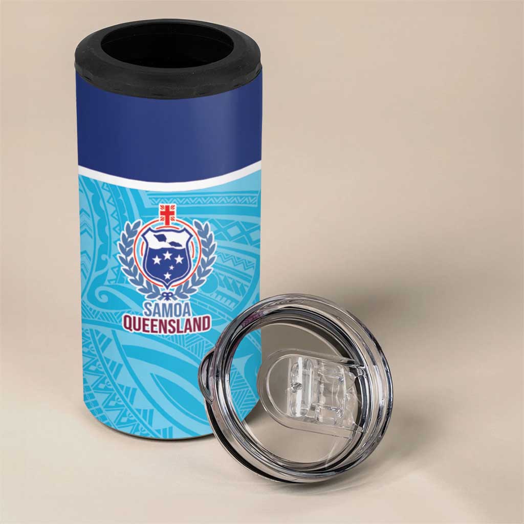 Queensland Samoa Custom 4 in 1 Can Cooler Tumbler Blue Pacific Polynesian Tribal Pattern