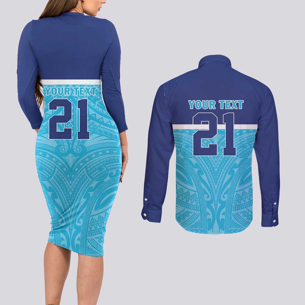Queensland Samoa Custom Couples Matching Long Sleeve Bodycon Dress and Long Sleeve Button Shirt Blue Pacific Polynesian Tribal Pattern