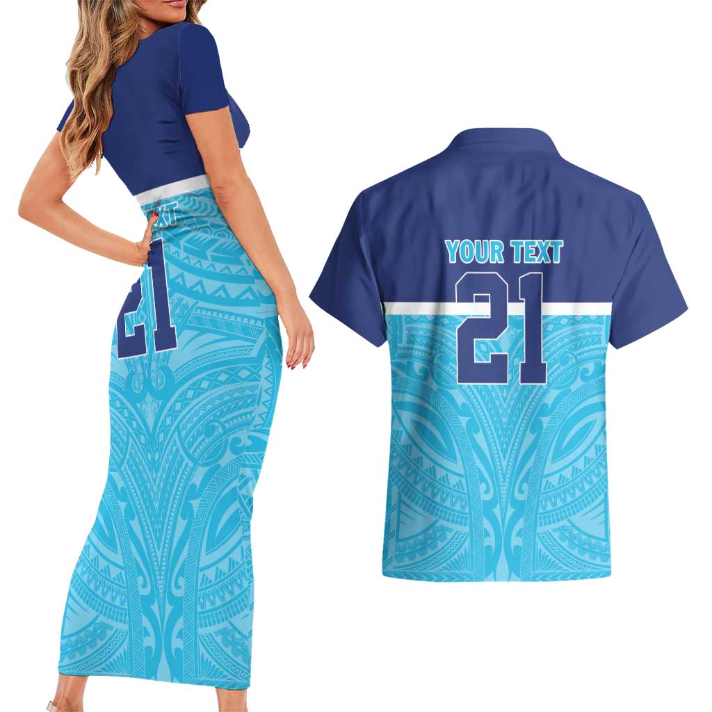 Queensland Samoa Custom Couples Matching Short Sleeve Bodycon Dress and Hawaiian Shirt Blue Pacific Polynesian Tribal Pattern