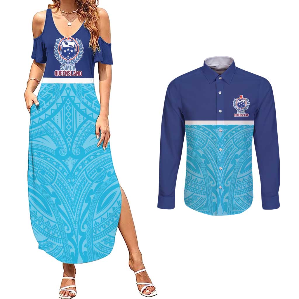 Queensland Samoa Custom Couples Matching Summer Maxi Dress and Long Sleeve Button Shirt Blue Pacific Polynesian Tribal Pattern