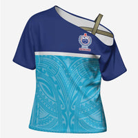 Queensland Samoa Custom Cross Shoulder Shirt Blue Pacific Polynesian Tribal Pattern - Polynesian Pride