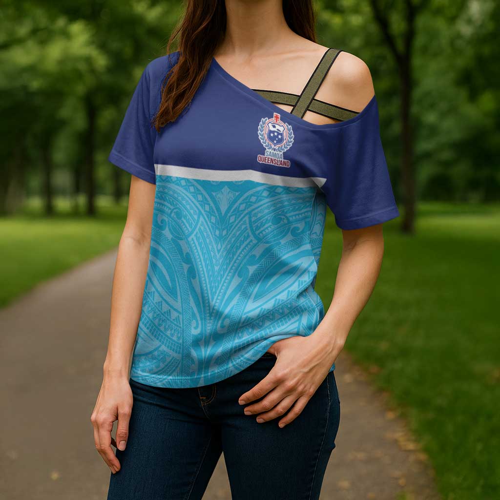 Queensland Samoa Custom Cross Shoulder Shirt Blue Pacific Polynesian Tribal Pattern - Polynesian Pride