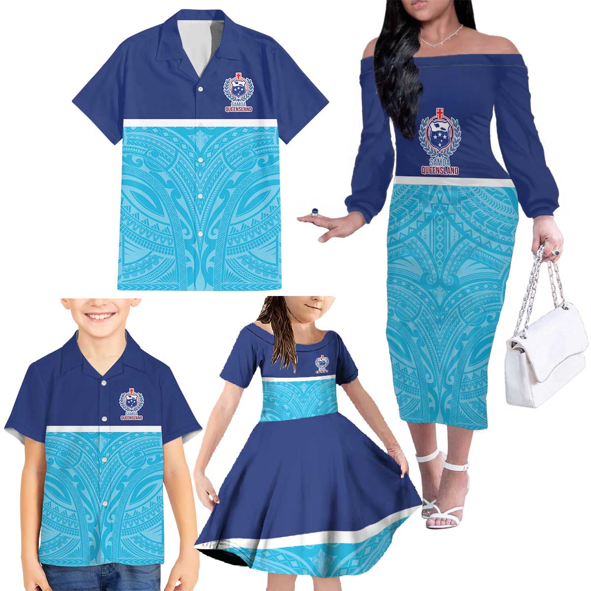 Queensland Samoa Custom Family Matching Off The Shoulder Long Sleeve Dress and Hawaiian Shirt Blue Pacific Polynesian Tribal Pattern