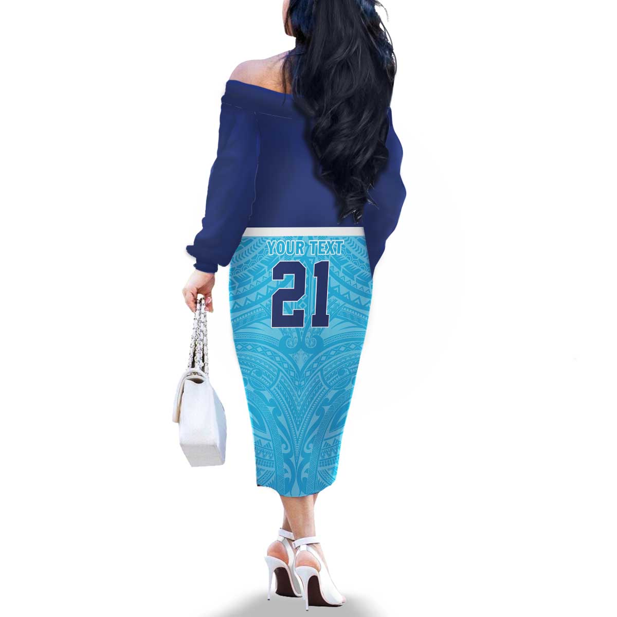 Queensland Samoa Custom Family Matching Off The Shoulder Long Sleeve Dress and Hawaiian Shirt Blue Pacific Polynesian Tribal Pattern