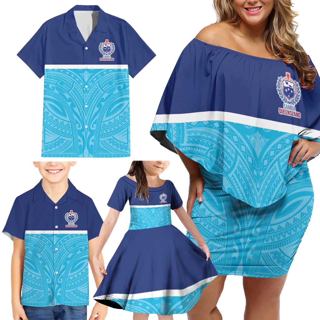 Queensland Samoa Custom Family Matching Off Shoulder Short Dress and Hawaiian Shirt Blue Pacific Polynesian Tribal Pattern LT9 - Polynesian Pride