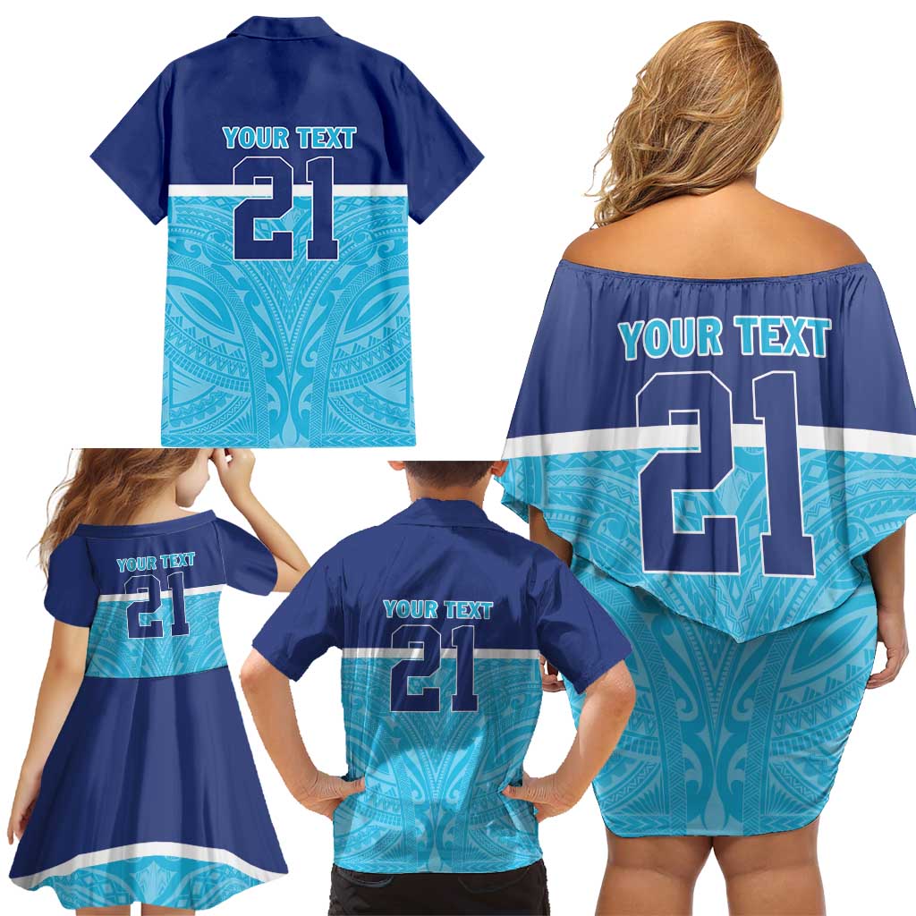 Queensland Samoa Custom Family Matching Off Shoulder Short Dress and Hawaiian Shirt Blue Pacific Polynesian Tribal Pattern LT9 - Polynesian Pride