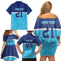Queensland Samoa Custom Family Matching Off Shoulder Short Dress and Hawaiian Shirt Blue Pacific Polynesian Tribal Pattern LT9 - Polynesian Pride