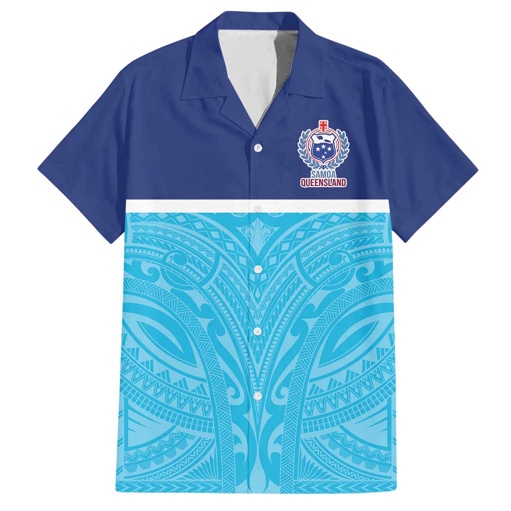Queensland Samoa Custom Family Matching Off Shoulder Short Dress and Hawaiian Shirt Blue Pacific Polynesian Tribal Pattern LT9 Dad's Shirt - Short Sleeve Blue - Polynesian Pride