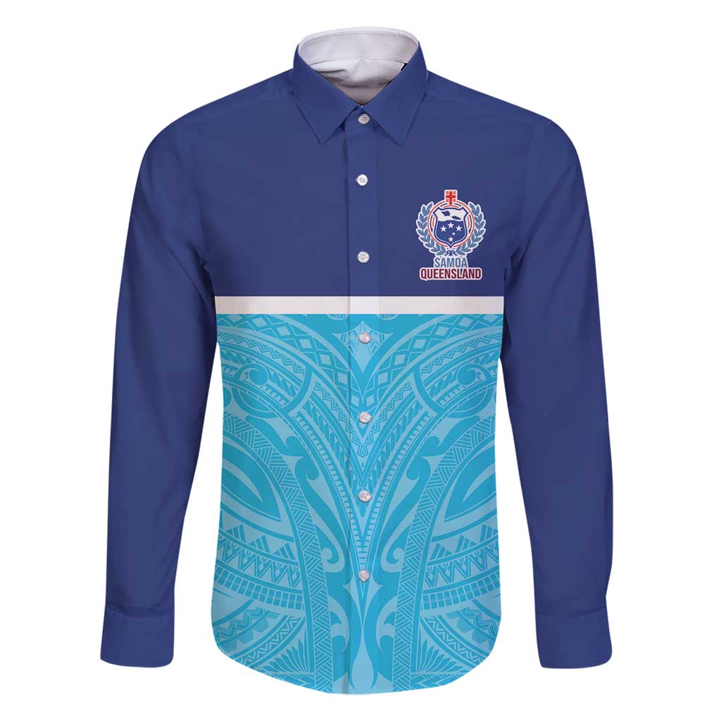 Queensland Samoa Custom Family Matching Off Shoulder Short Dress and Hawaiian Shirt Blue Pacific Polynesian Tribal Pattern LT9 Dad's Shirt - Long Sleeve Blue - Polynesian Pride
