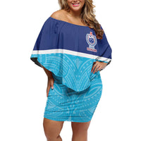 Queensland Samoa Custom Family Matching Off Shoulder Short Dress and Hawaiian Shirt Blue Pacific Polynesian Tribal Pattern LT9 Mom's Dress Blue - Polynesian Pride