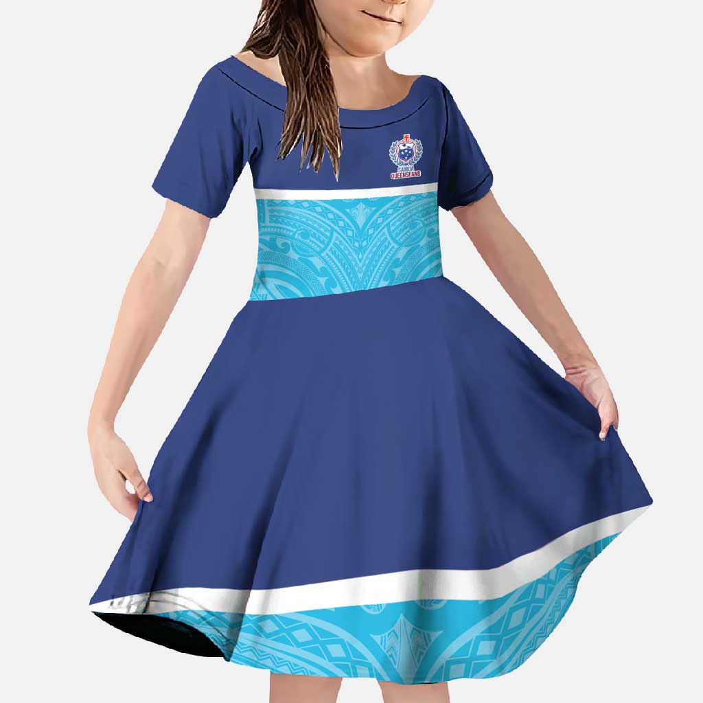 Queensland Samoa Custom Family Matching Summer Maxi Dress and Hawaiian Shirt Blue Pacific Polynesian Tribal Pattern LT9 Daughter's Dress Blue - Polynesian Pride