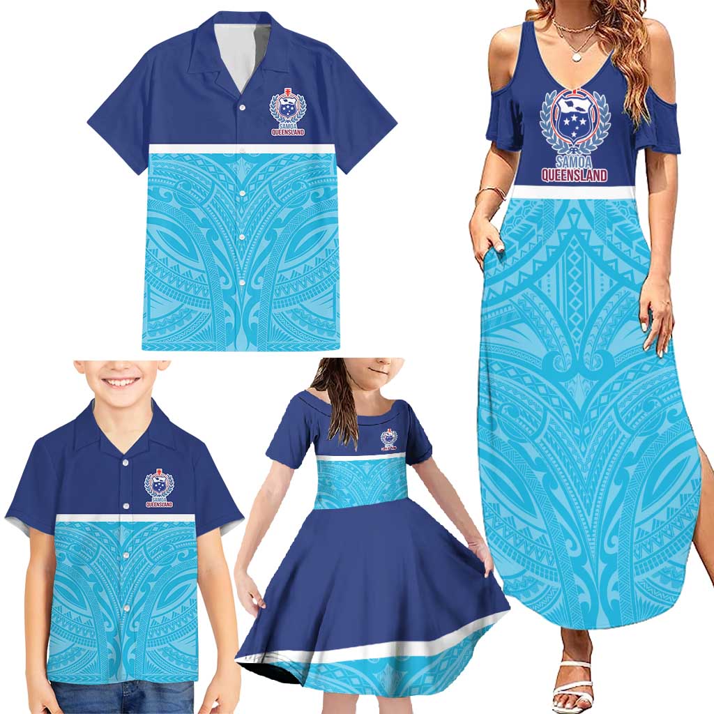 Queensland Samoa Custom Family Matching Summer Maxi Dress and Hawaiian Shirt Blue Pacific Polynesian Tribal Pattern LT9 - Polynesian Pride