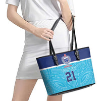 Queensland Samoa Custom Leather Tote Bag Blue Pacific Polynesian Tribal Pattern