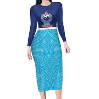 Queensland Samoa Custom Long Sleeve Bodycon Dress Blue Pacific Polynesian Tribal Pattern LT9 Long Dress Blue - Polynesian Pride