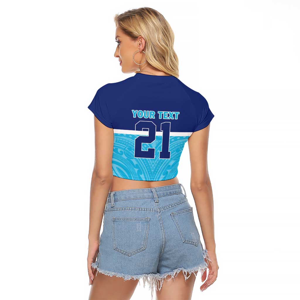 Queensland Samoa Custom Raglan Cropped T Shirt Blue Pacific Polynesian Tribal Pattern LT9 - Polynesian Pride