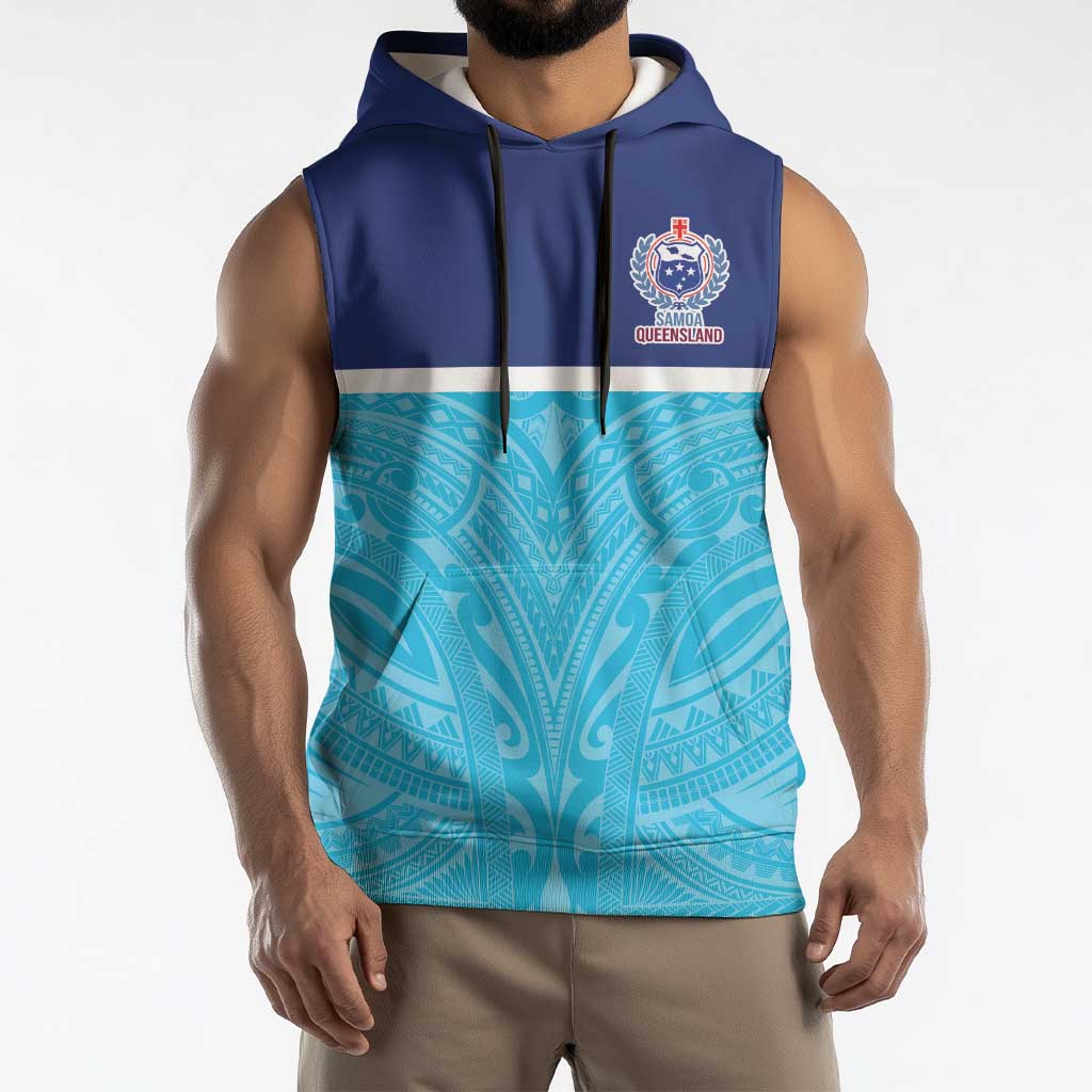 Queensland Samoa Custom Sleeveless Hoodie Blue Pacific Polynesian Tribal Pattern - Polynesian Pride