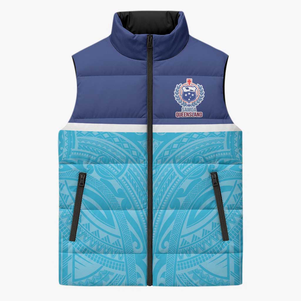 Queensland Samoa Custom Sleeveless Puffer Jacket Blue Pacific Polynesian Tribal Pattern - Polynesian Pride
