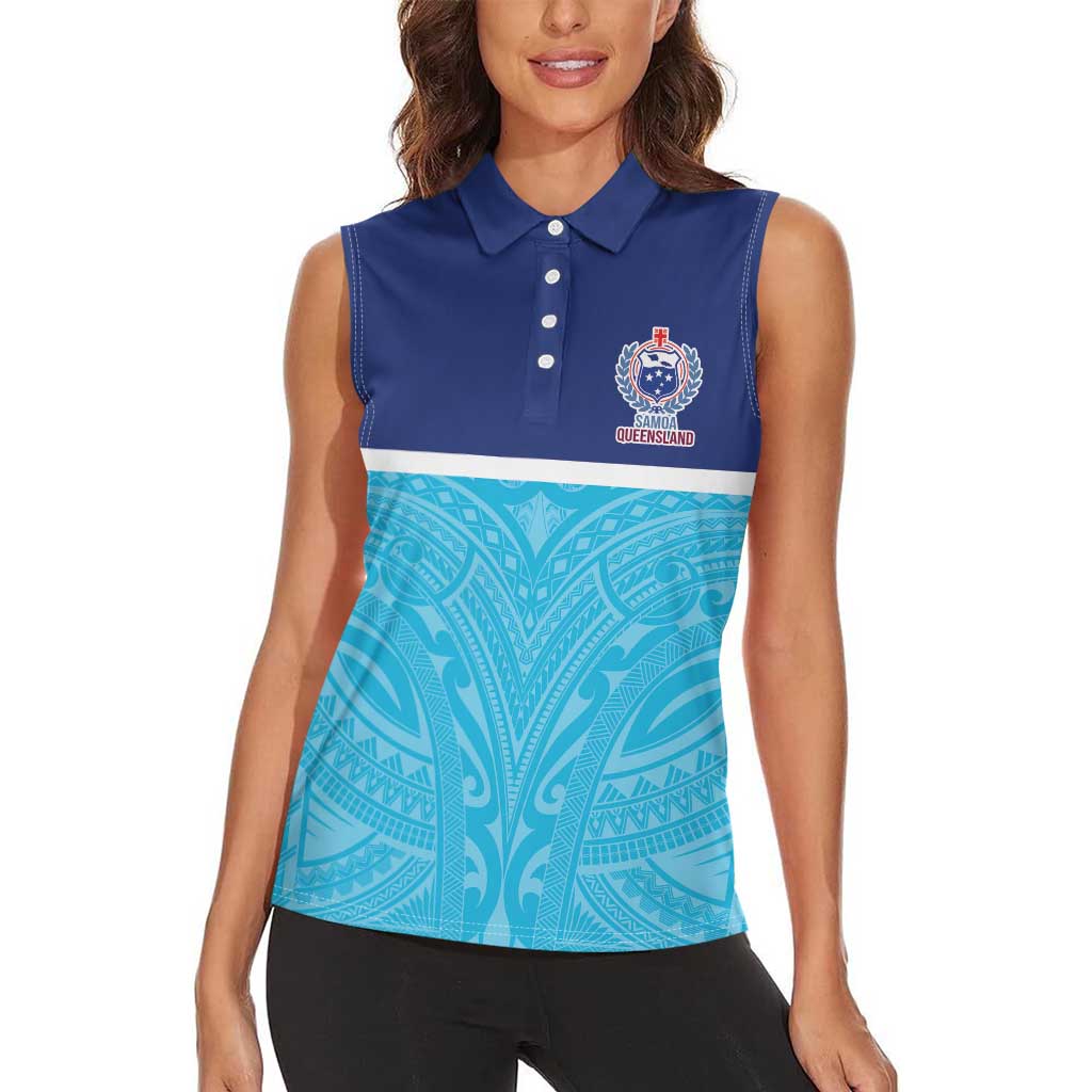 Queensland Samoa Custom Women Sleeveless Polo Shirt Blue Pacific Polynesian Tribal Pattern