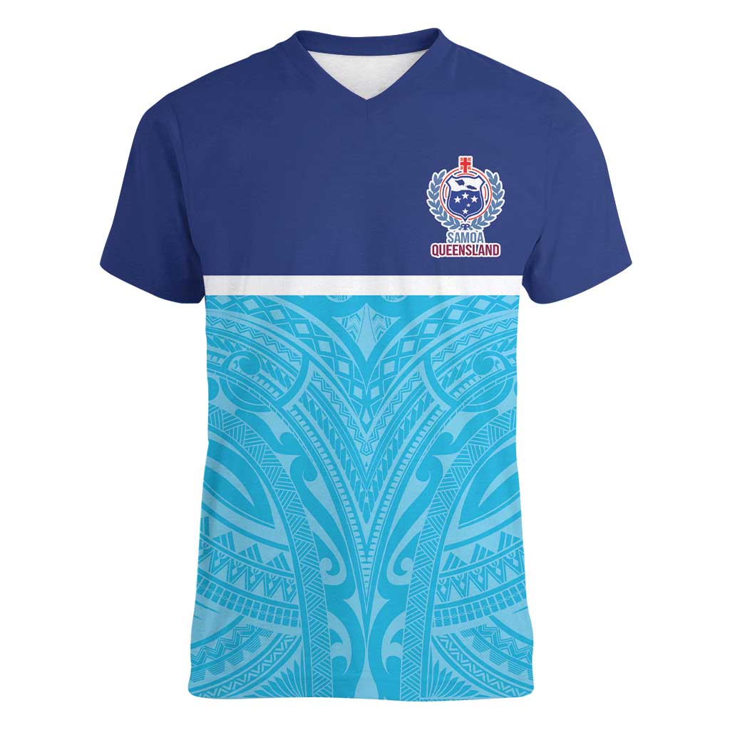 Queensland Samoa Custom Women V-Neck T-Shirt Blue Pacific Polynesian Tribal Pattern