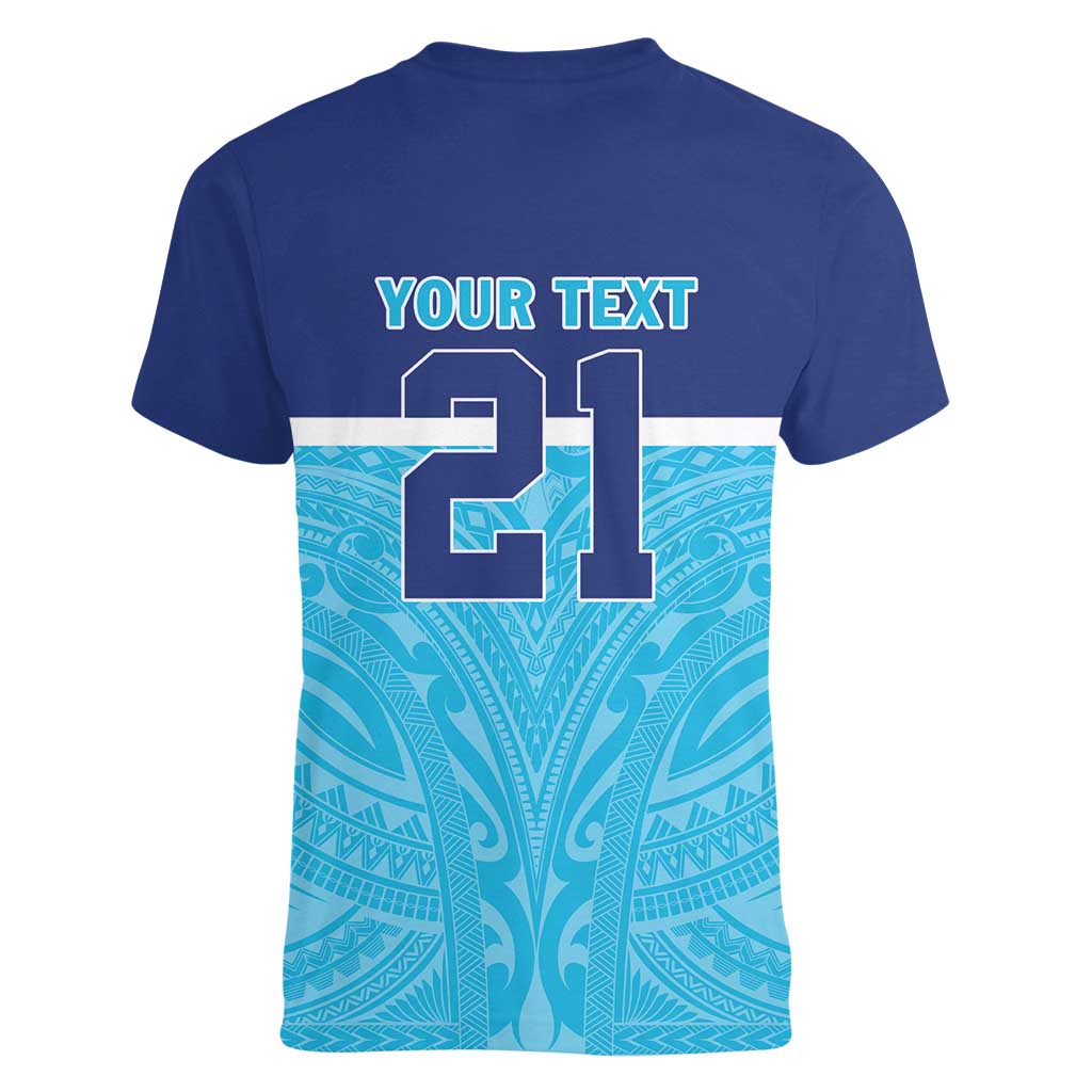 Queensland Samoa Custom Women V-Neck T-Shirt Blue Pacific Polynesian Tribal Pattern