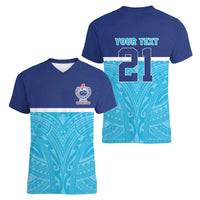 Queensland Samoa Custom Women V-Neck T-Shirt Blue Pacific Polynesian Tribal Pattern