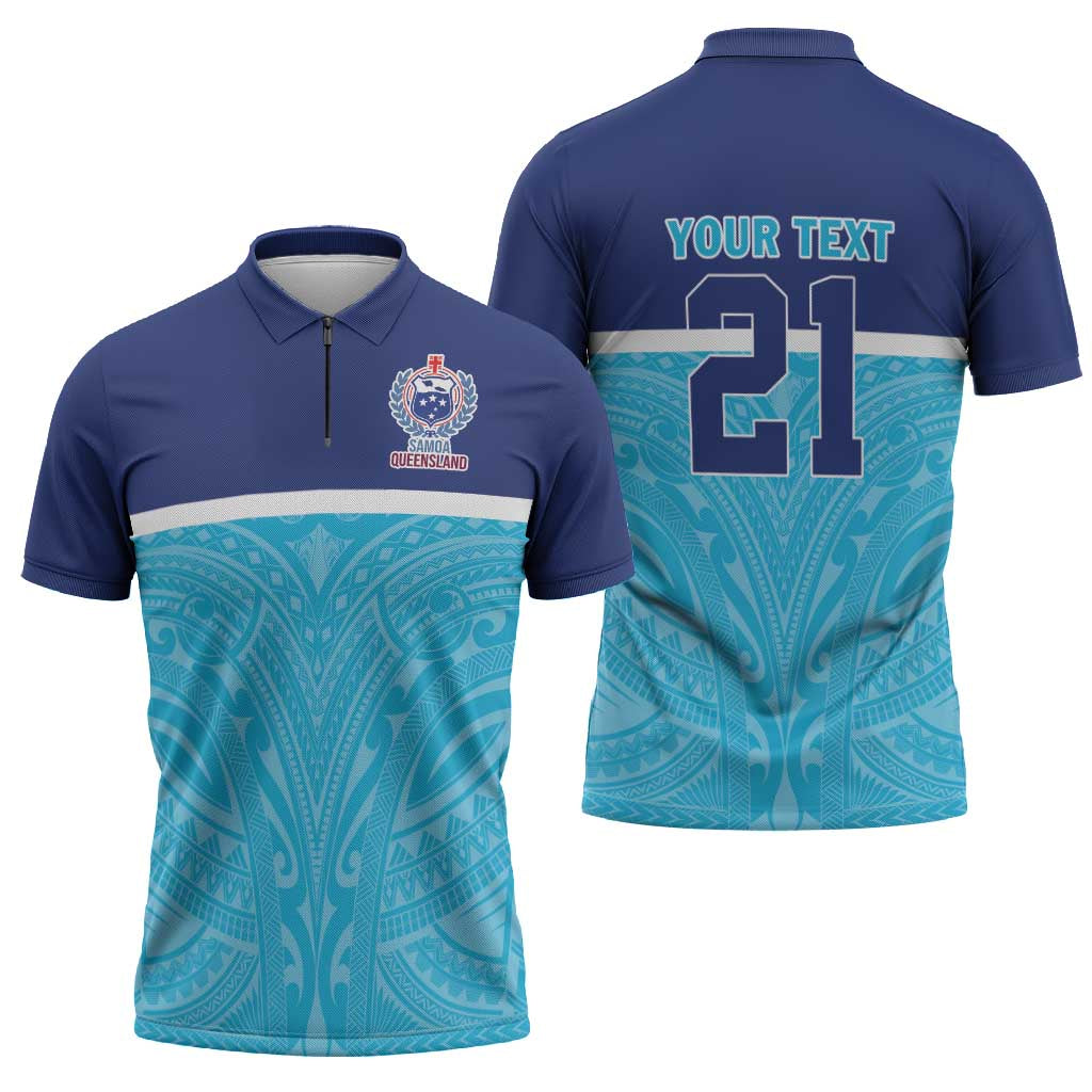 Queensland Samoa Custom Zipper Polo Shirt Blue Pacific Polynesian Tribal Pattern - Polynesian Pride