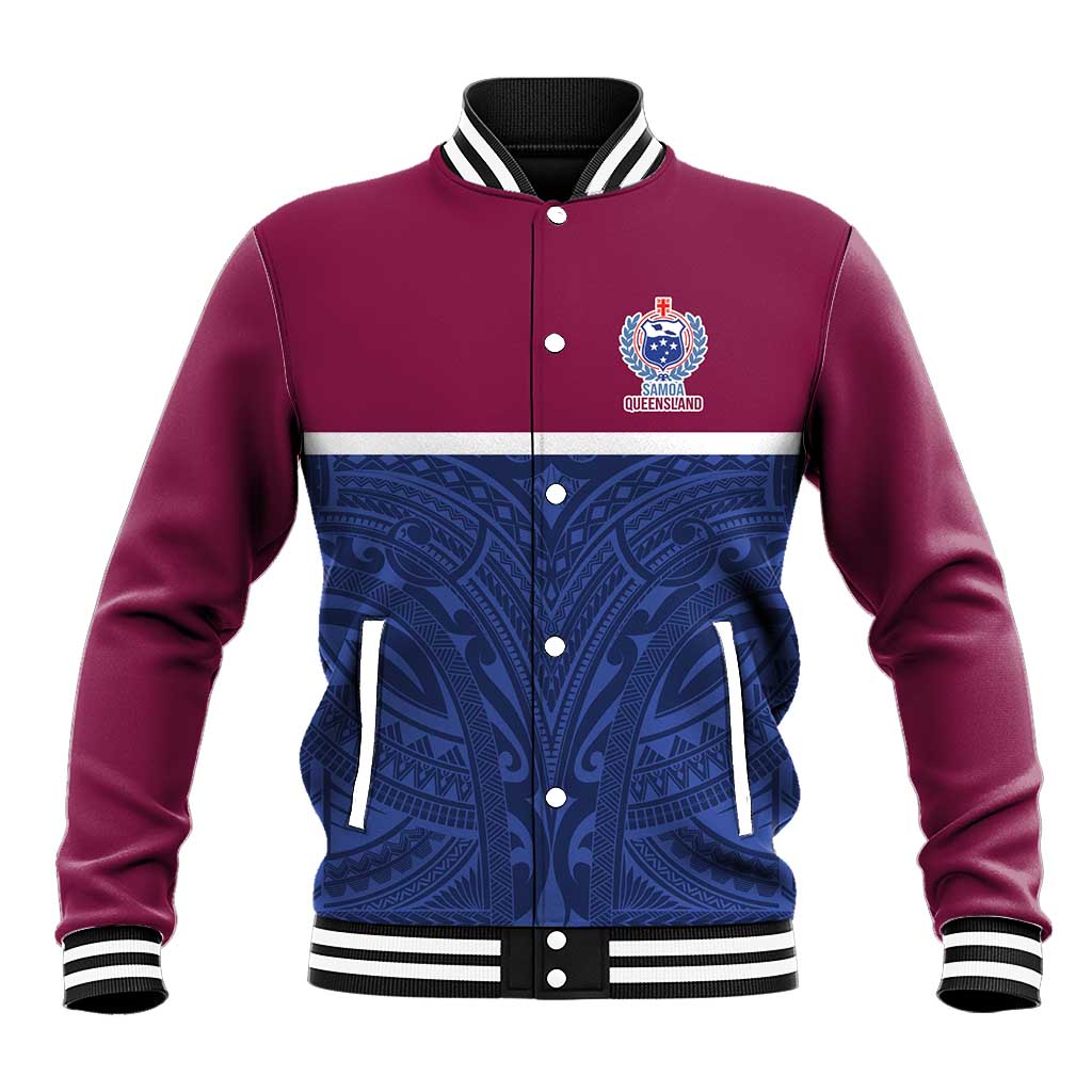 Queensland Samoa Custom Baseball Jacket Maroon-Blue Pacific Polynesian Tribal Pattern