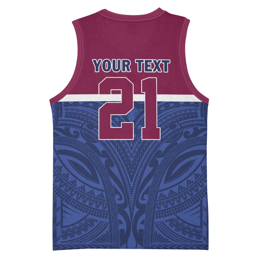 Queensland Samoa Custom Basketball Jersey Maroon-Blue Pacific Polynesian Tribal Pattern - Polynesian Pride
