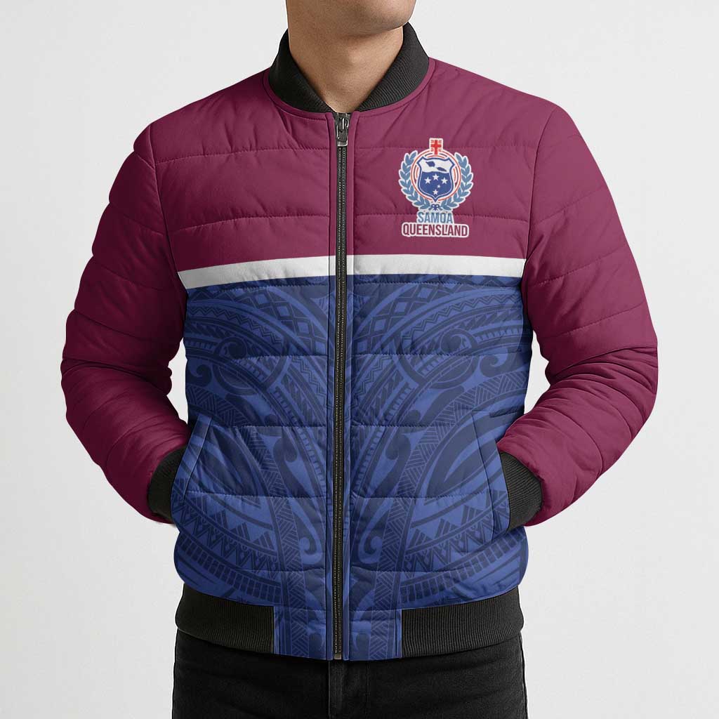 Queensland Samoa Custom Bomber Puffer Jacket Maroon-Blue Pacific Polynesian Tribal Pattern - Polynesian Pride