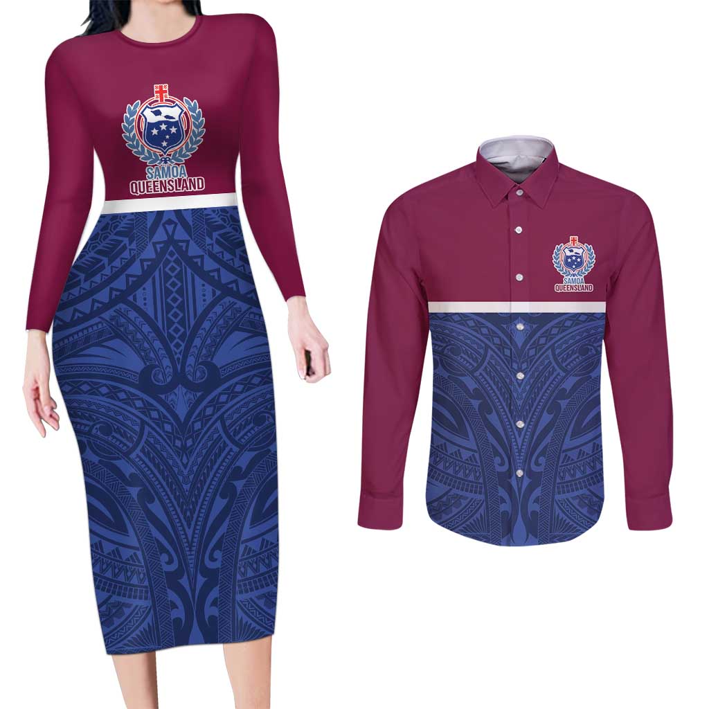 Queensland Samoa Custom Couples Matching Long Sleeve Bodycon Dress and Long Sleeve Button Shirt Maroon-Blue Pacific Polynesian Tribal Pattern