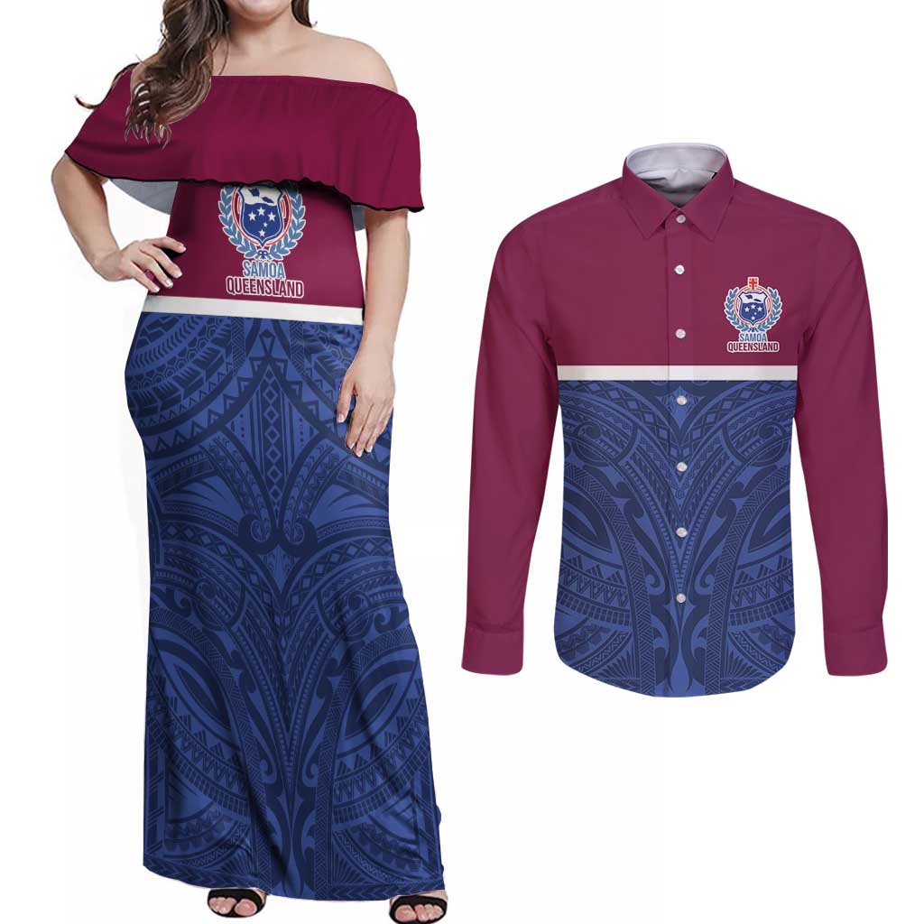Queensland Samoa Custom Couples Matching Off Shoulder Maxi Dress and Long Sleeve Button Shirt Maroon-Blue Pacific Polynesian Tribal Pattern