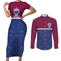 Queensland Samoa Custom Couples Matching Short Sleeve Bodycon Dress and Long Sleeve Button Shirt Maroon-Blue Pacific Polynesian Tribal Pattern