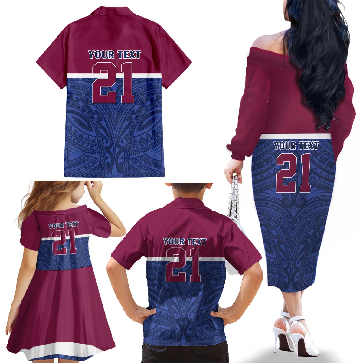 Queensland Samoa Custom Family Matching Off The Shoulder Long Sleeve Dress and Hawaiian Shirt Maroon-Blue Pacific Polynesian Tribal Pattern