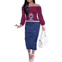 Queensland Samoa Custom Family Matching Off The Shoulder Long Sleeve Dress and Hawaiian Shirt Maroon-Blue Pacific Polynesian Tribal Pattern
