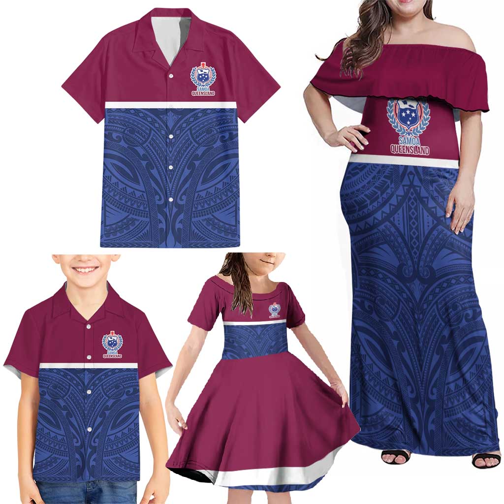 Queensland Samoa Custom Family Matching Off Shoulder Maxi Dress and Hawaiian Shirt Maroon-Blue Pacific Polynesian Tribal Pattern
